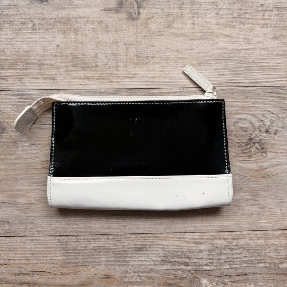 Lands' End Black White Leather Cosmetic Bag Zip Pouch Clutch Preppy Travel